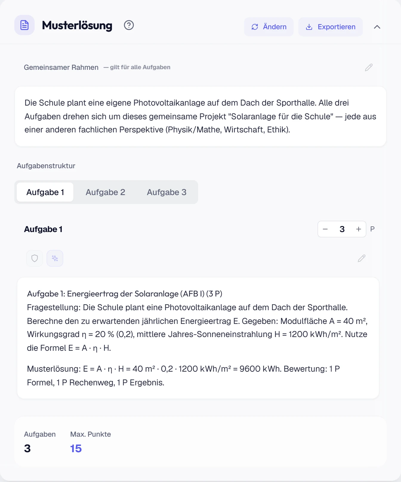 Musterlösung mit erkannten Aufgaben und Punkten