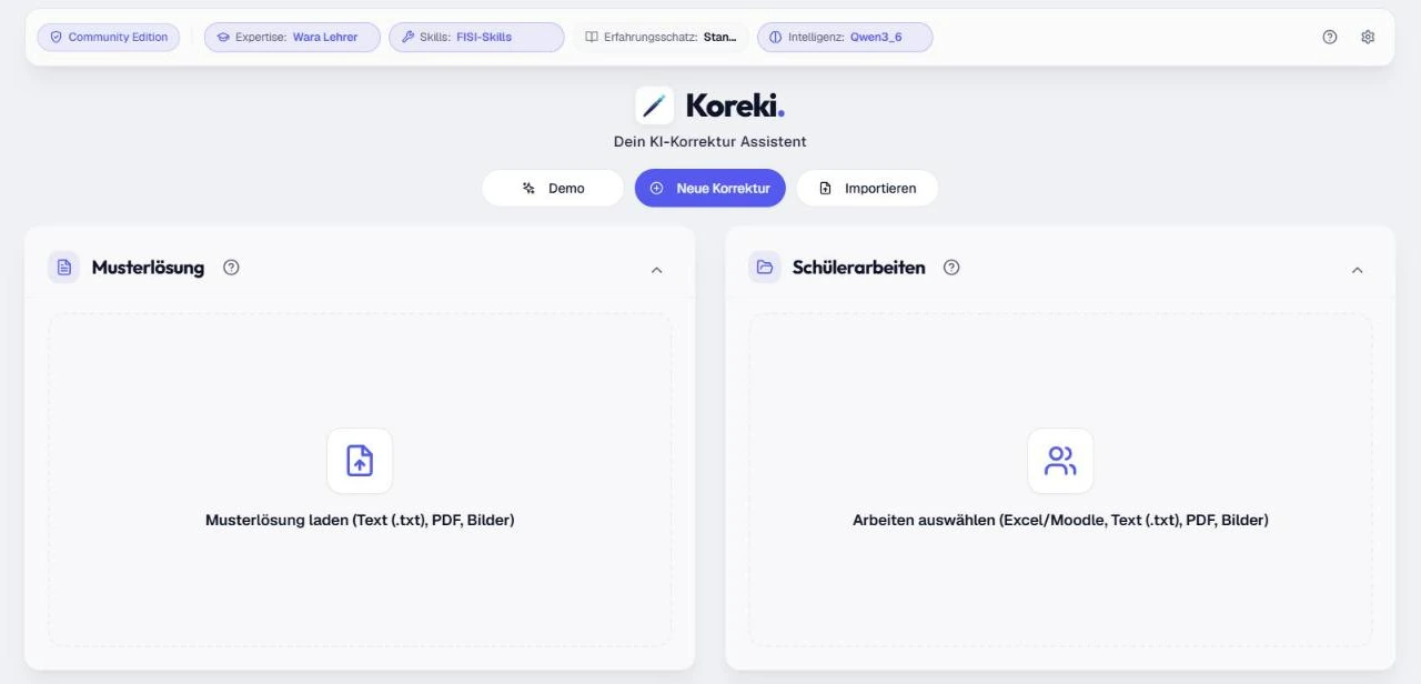 Startbildschirm von Koreki mit Musterlösung, Schülerarbeiten und den eigenen Profilen in der Kopfleiste